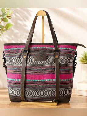 Myra Bag Multicolor Woven Tote with Pink and Green Accents